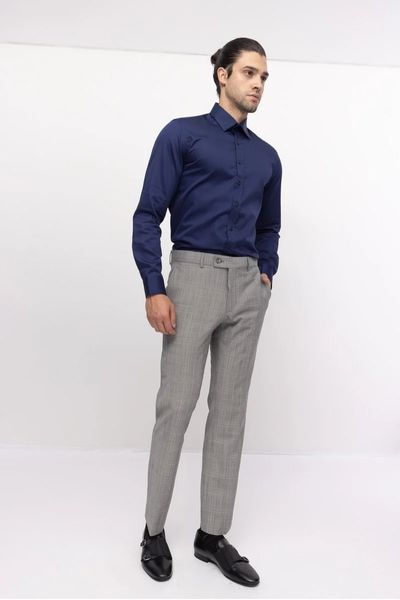 Mineral Grey Elegance with a Navy Blue Shirt